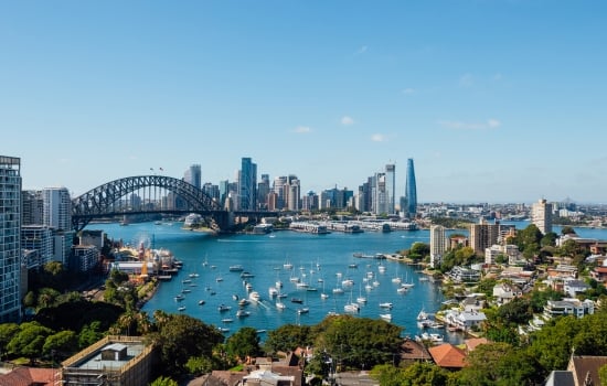 Cityscape of Sydney, Australia with Harbour Bridge and Sydney skyline during a clear sunny day.