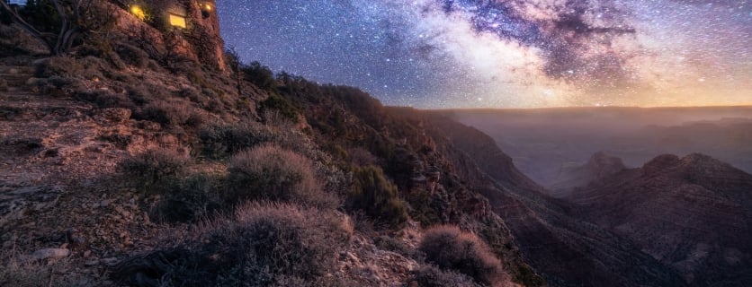 Grand Canyon National Park at night with milky way in the sky from Desert view Viewpoint